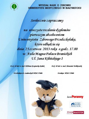 Uniwersytet Zdrowego Przedzkolaka rozdaje dyplomy (źródło: UMB) Uniwersytet Zdrowego Przedzkolaka rozdaje dyplomy (źródło: UMB)