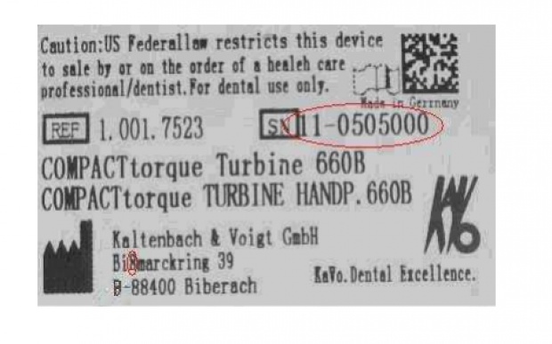 Etykieta podrobionych turbin KaVo COMPACTtorque 636CP Uwaga na podrobione turbiny KaVo