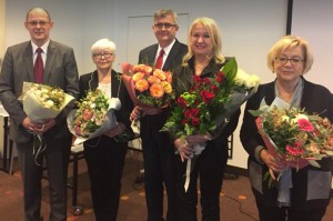 Od lewej prof. Marcin Kozakiewicz, prof. Honorata Shaw, prof. Bartłomiej W. Loster (ustępujący prezydent PTS), prof. Marzena Dominiak (nowy prezydent PTS), prof. Elżbieta Mierzwińska-Nastalska (źródło: FB PTS) Prof. Marzena Dominiak prezydentem PTS