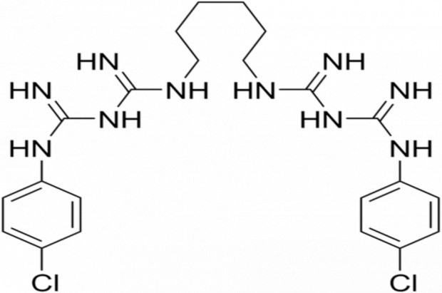 Cząsteczka chlorheksydyny (fot. Wikipedia) Chlorheksydyna na widelcu