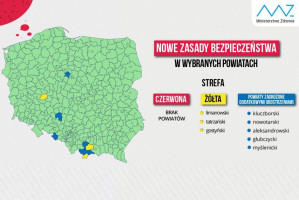 COVID-19: strefy z dodatkowymi obostrzeniami Tylko trzy powiaty objęte dodatkowymi obostrzeniami (żółtymi)