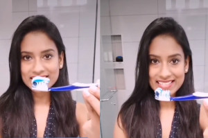 Dentystka K. Sarvendran o dawkach pasty do zębów (fot. TikTok) Nie szarżujcie z pastą do zębów